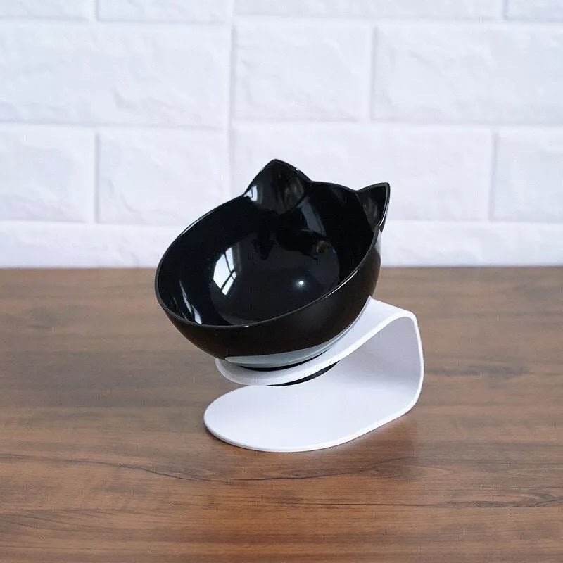 Double bowl cat food bowl with 15° tilt for cervical protection, transparent design with cute cat face