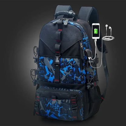 Men's black waterproof Oxford cloth hiking backpack with air pillow shoulder straps showing 56-75L capacity