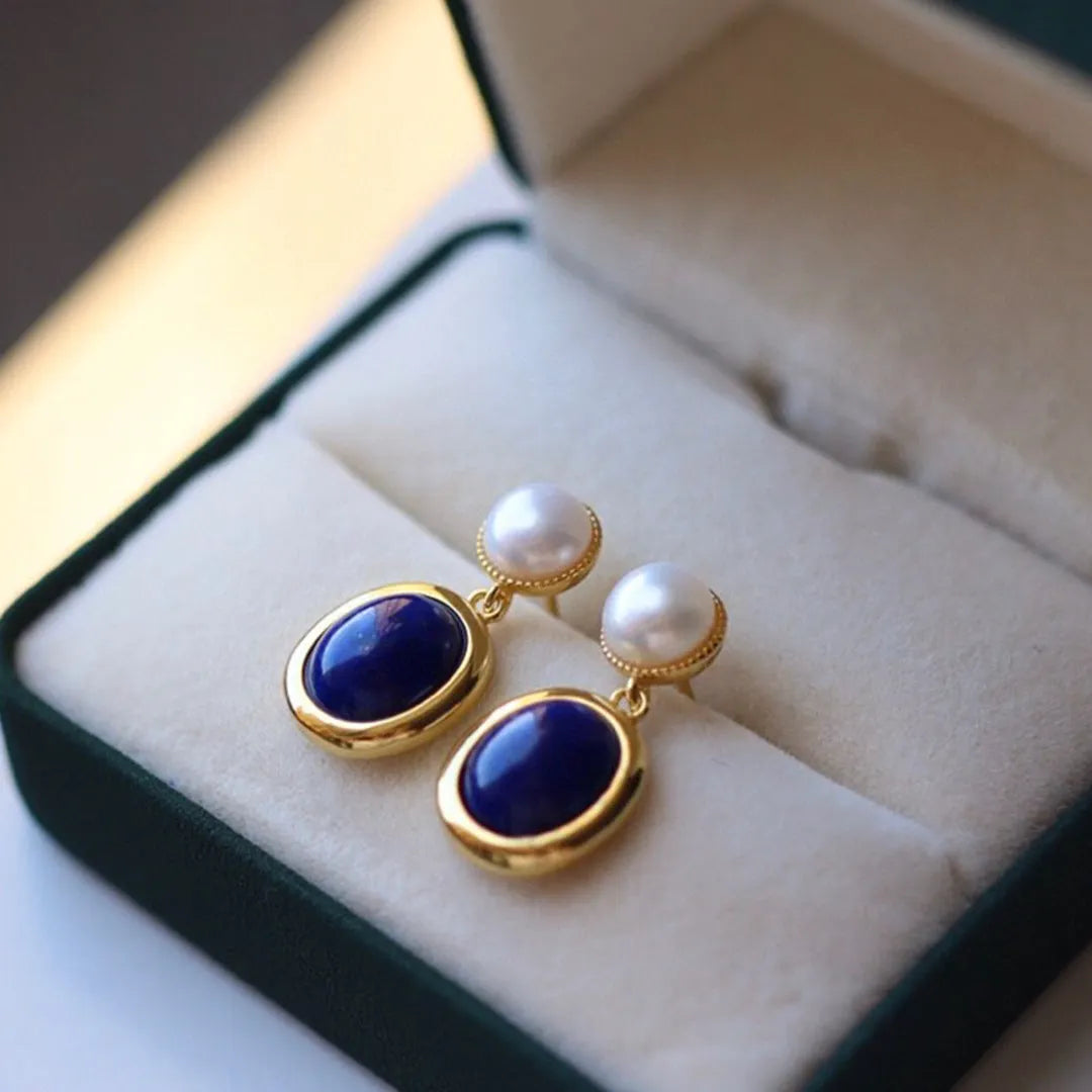Natural lapis lazuli pearl earrings with 925 sterling silver and etched auspicious patterns