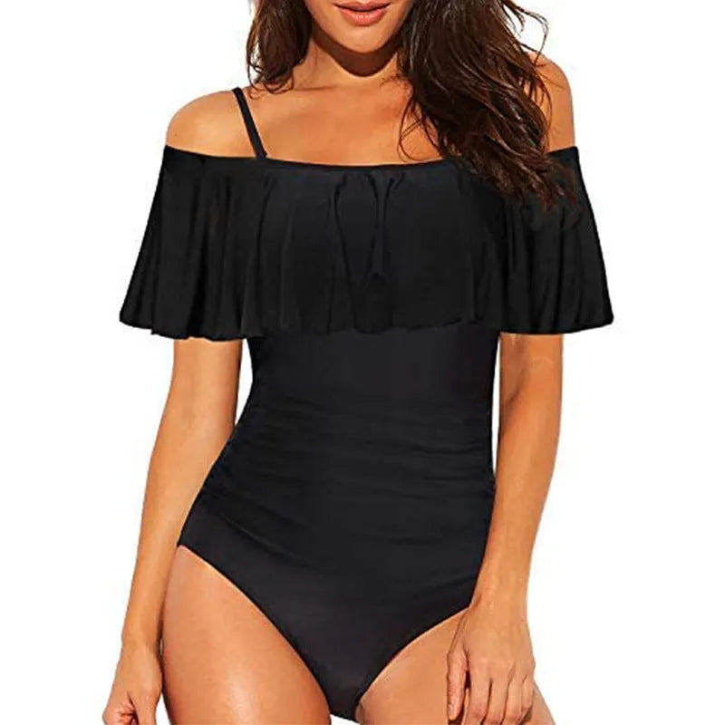 Black one-piece swimsuit with ruffled straps and cut-out design for swimming sports