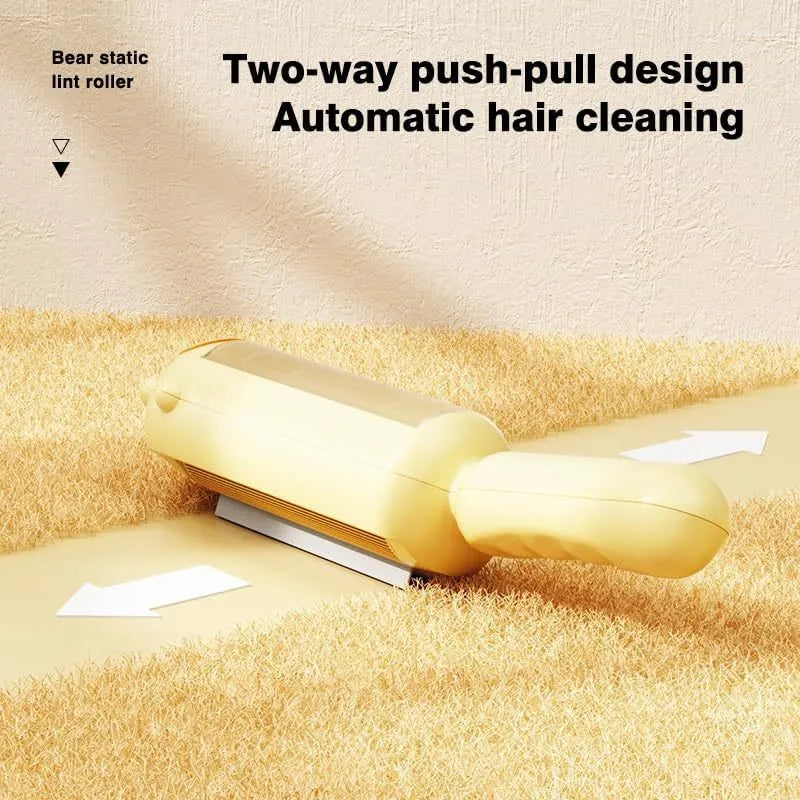 Blue pet hair remover tool with self-cleaning base for removing dog and cat fur from furniture and car seats