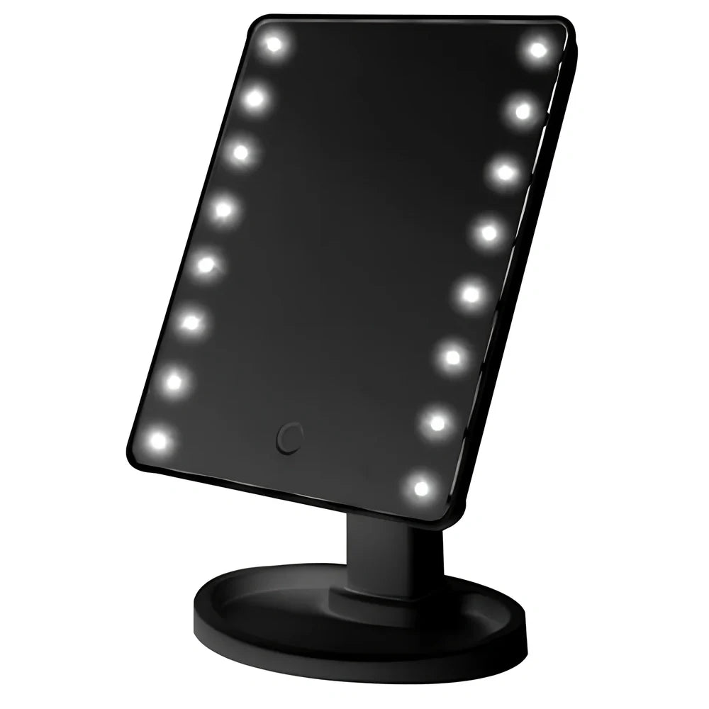 Portable tabletop cosmetic mirror with LED lights around edge, showing 360-degree rotation capability