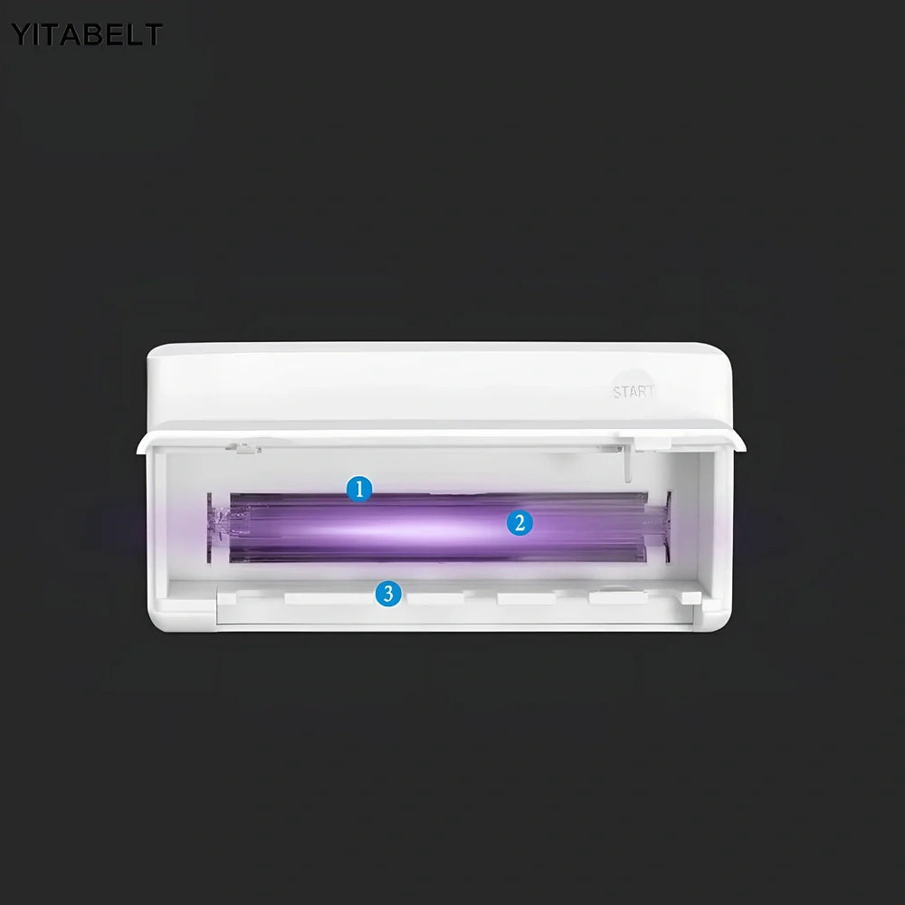 White UV toothbrush sterilisation holder with 253.7nm wavelength disinfection, 157mm width compact design for bathroom counter