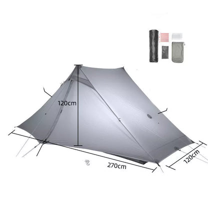 Ultra-light 20D double-sided silicon coated poleless hiking tent in grey, green, or khaki