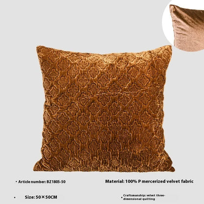 Brown gold antique style quilted cushion pillow showing three-dimensional quilting pattern and feather velvet filler