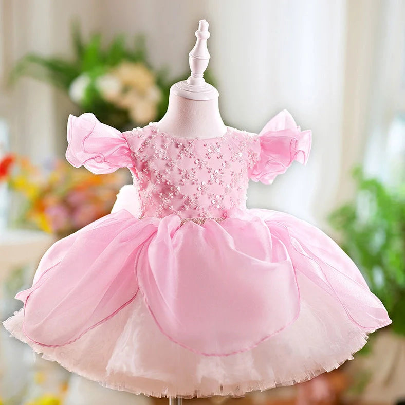 Children's pink flounced sleeve pettiskirt dress with princess styling for birthday parties