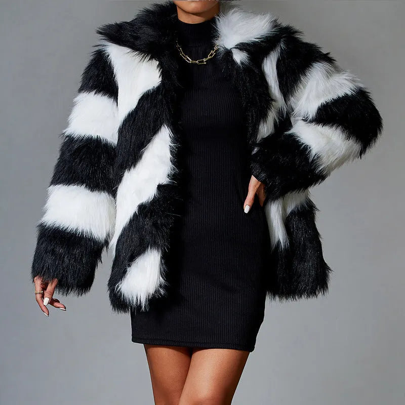 Lapel contrast colour faux fur coat with detachable fur collar, shown in picture colour, regular sleeves.