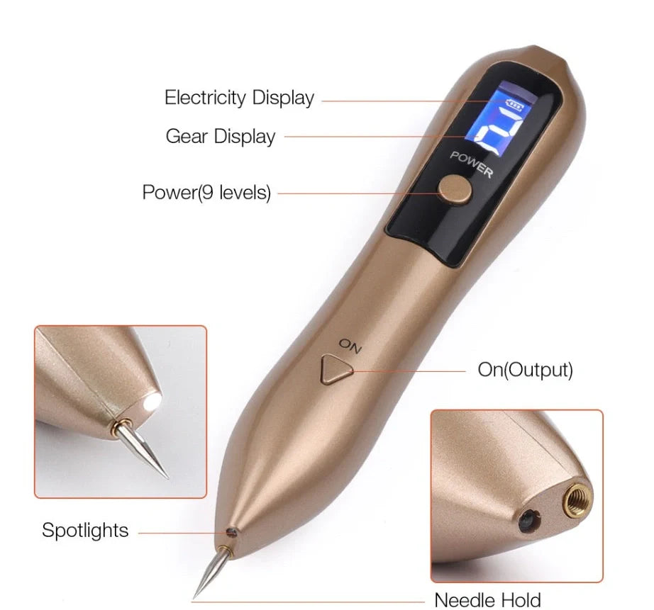 Laser beauty point pen with LCD display showing power level, stainless steel tip, and USB charging port