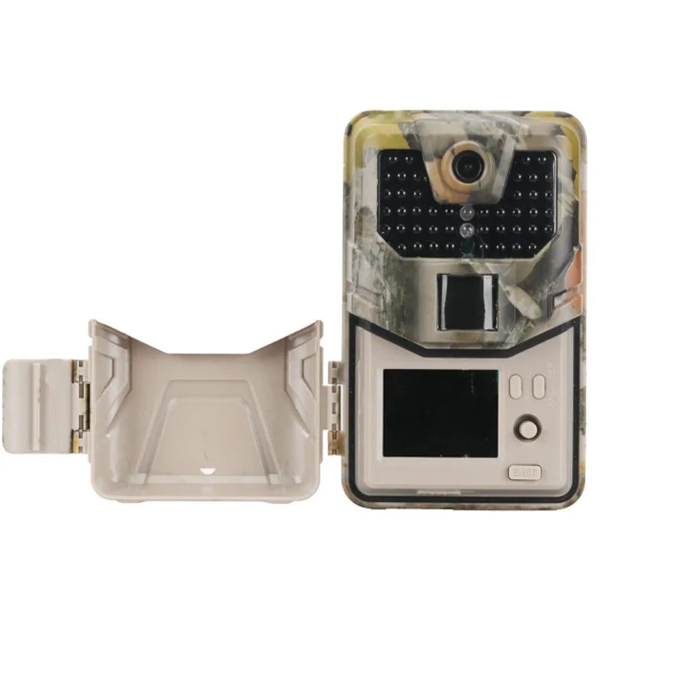 Camouflage infrared hunting trail camera with lens and infrared LEDs, shown with mobile phone displaying APP control interface.