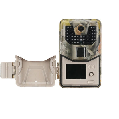 Camouflage infrared hunting trail camera with lens and infrared LEDs, shown with mobile phone displaying APP control interface.