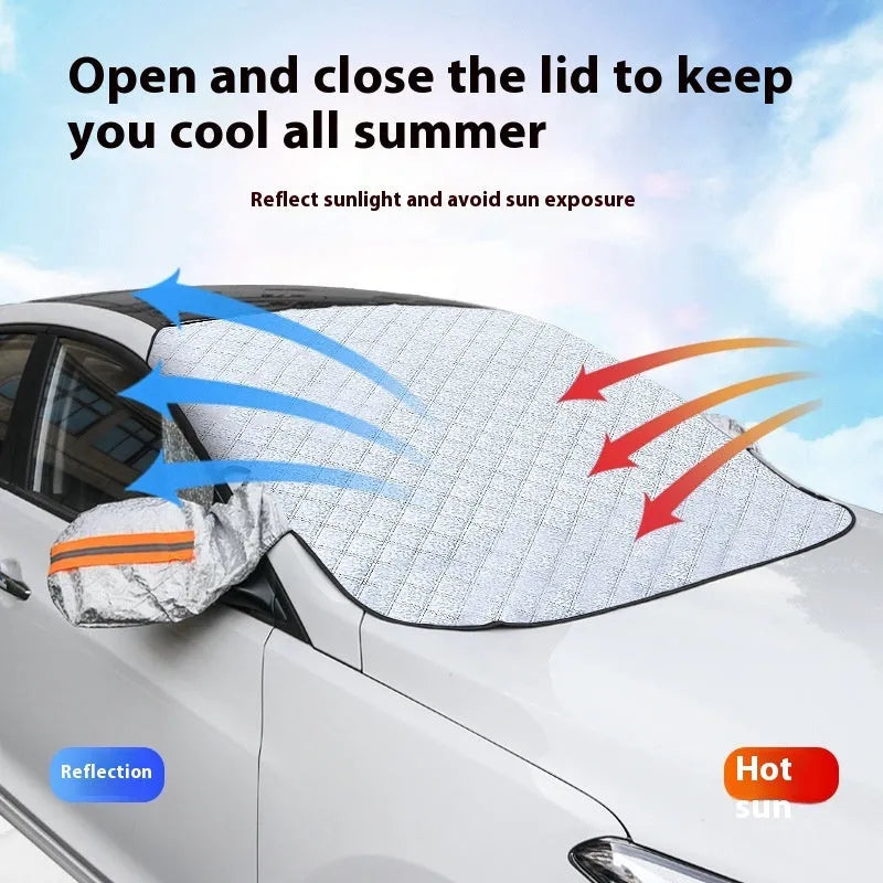 Winter car cover for SUV front windshield with reflective edges and magnetic attachment system