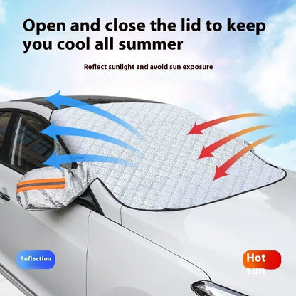 Winter car cover for SUV front windshield with reflective edges and magnetic attachment system