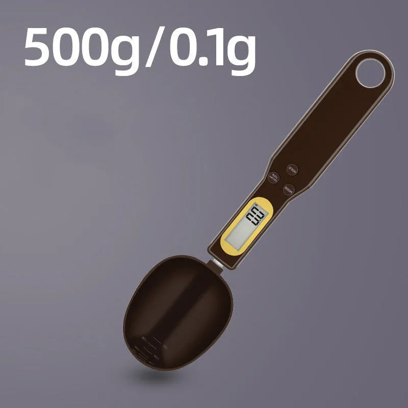 Black electronic measuring spoon scale showing digital display with spoon bowl for kitchen weighing