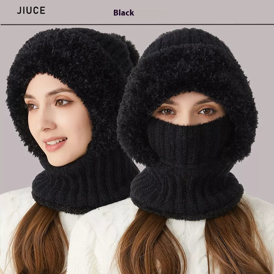 High elastic solid color knitted hat scarf mask one-piece for women in six colors