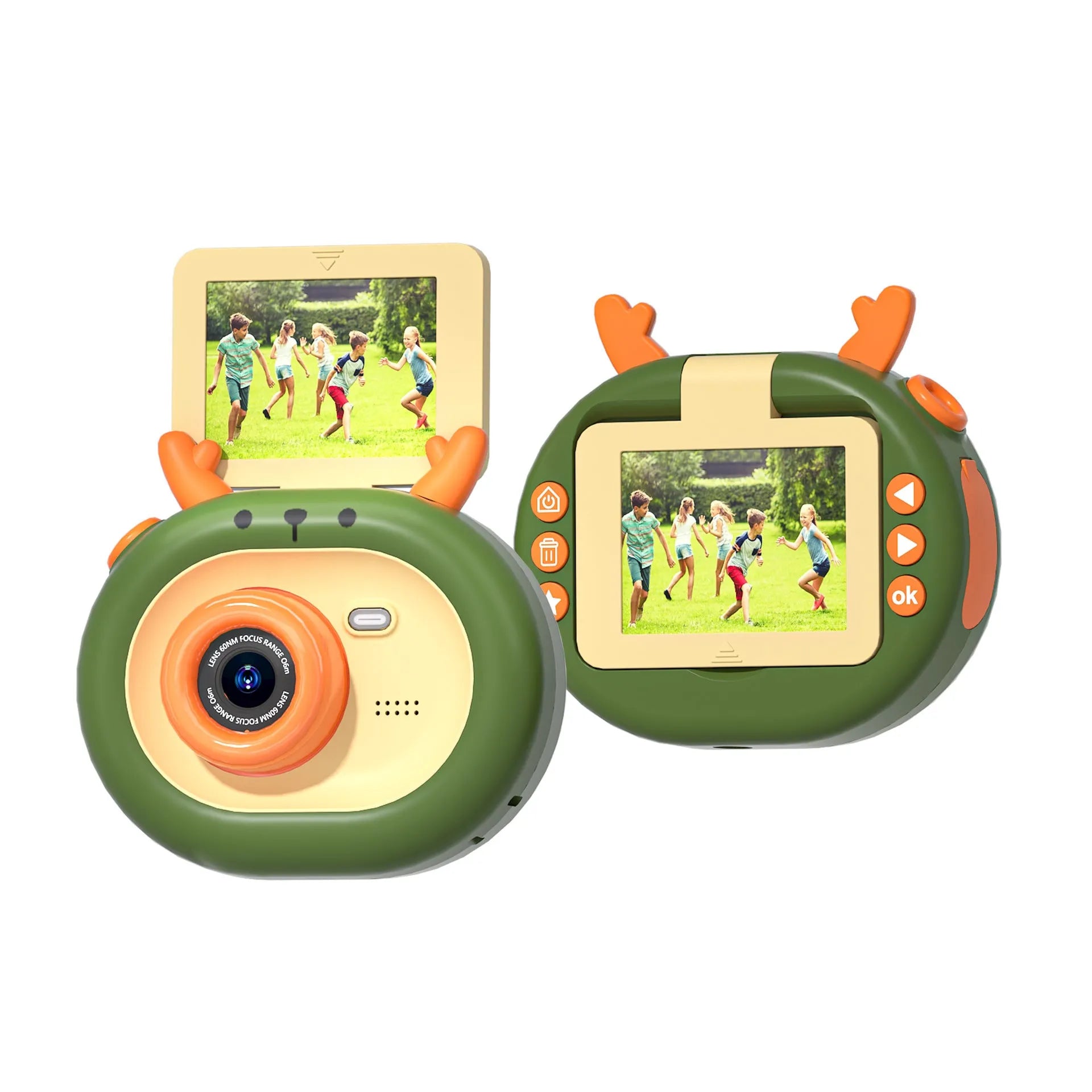 Violet children's flip-screen camera with 9.8cm compact design and USB charging port