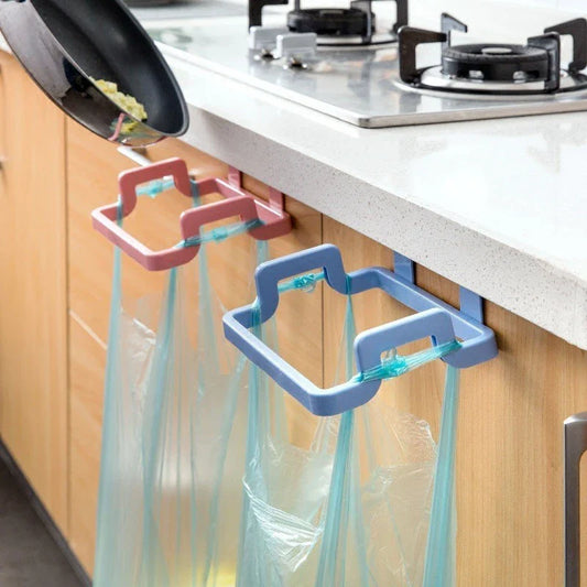 Eco-friendly over-the-door trash bag holder in various colors for organized kitchen storage
