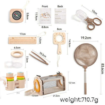 Wooden outdoor exploration teaching aids set with telescope, book, and adventure suit for infant development