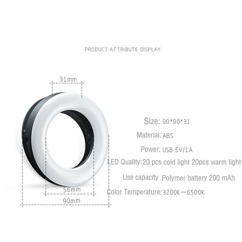 LED selfie ring light for mobile phones with adjustable brightness and compact design