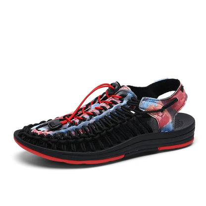 Fashion woven sandals with elastic drawstring tie closure and rubber sole in rainbow colour