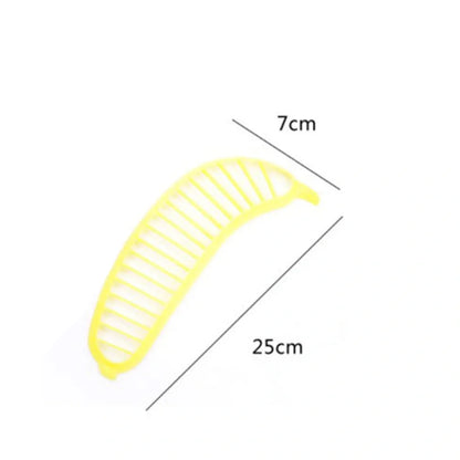 Yellow food grade PP banana cutter, 25 cm long, slices entire fruit in one quick motion for easy kitchen prep