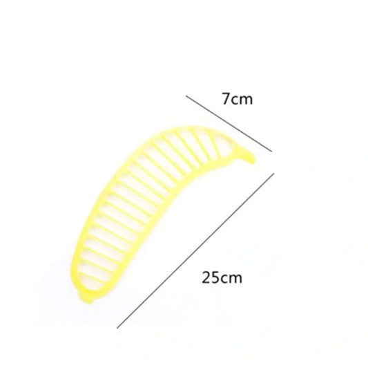 Yellow food grade PP banana cutter, 25 cm long, slices entire fruit in one quick motion for easy kitchen prep