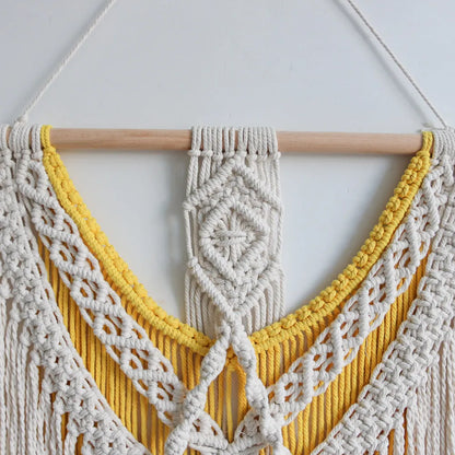 Creamy white hand-woven cotton tapestry with a rectangle shape for wall decor.