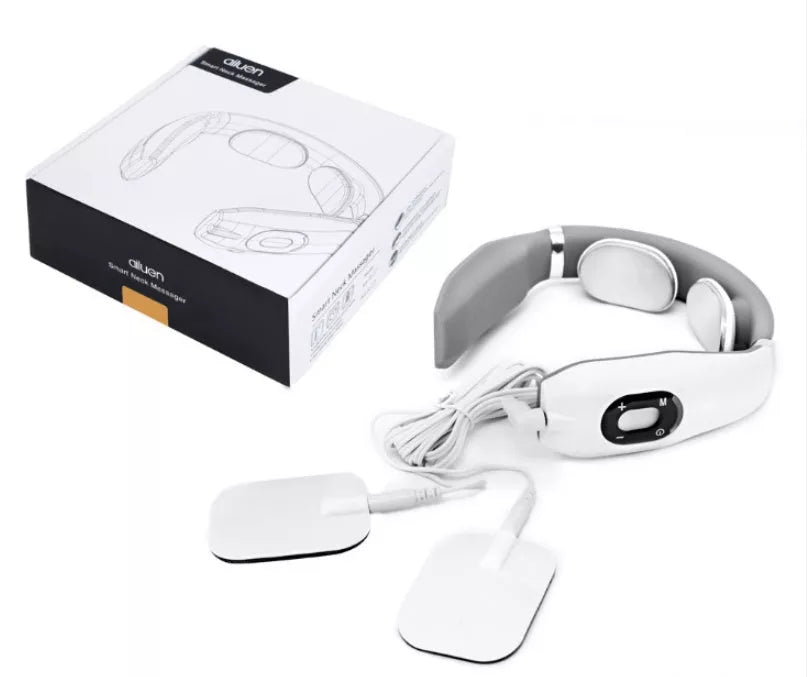 Cervical massager with 6 modes for neck tension relief, white color, includes gel strips