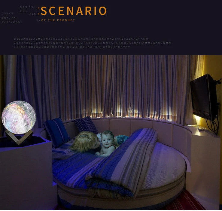 3D printed moon lamp with detailed crater surface on wooden base showing LED illumination