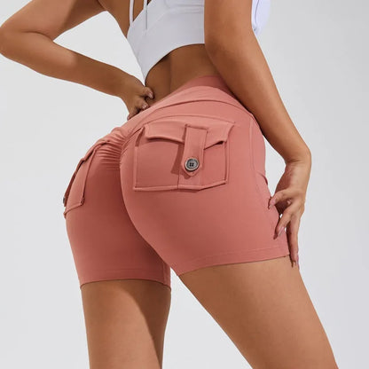 Women's high-waist fitness shorts with pockets in quick-dry nylon fabric