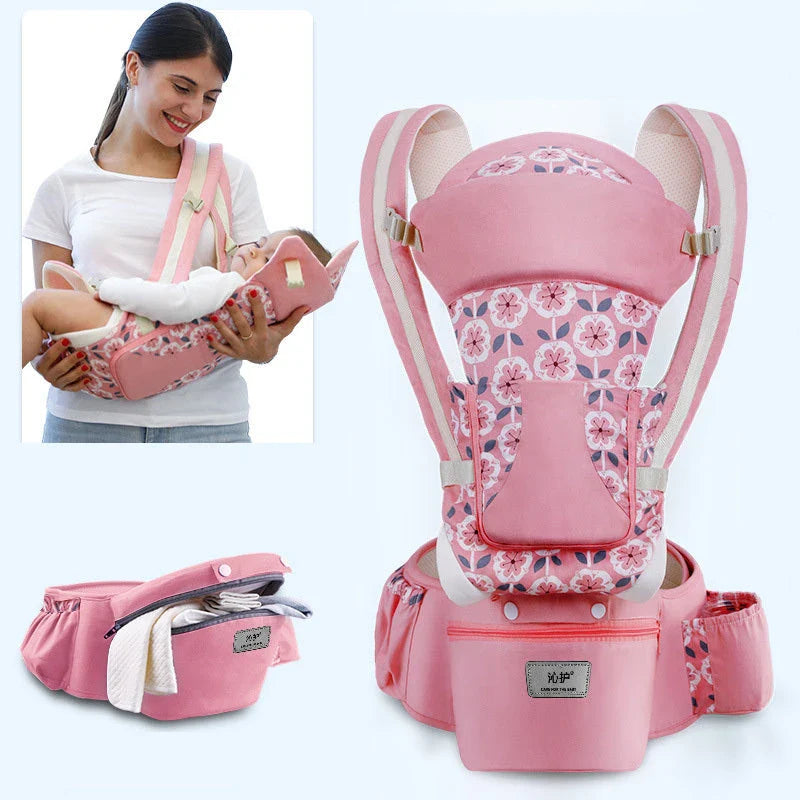 3-in-1 ergonomic baby carrier with multiple carry options, including front-facing and hip-hugging, designed for newborns to toddlers