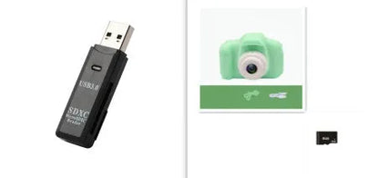 Colourful kids digital camera with silicone case showing 2-inch screen and lens.