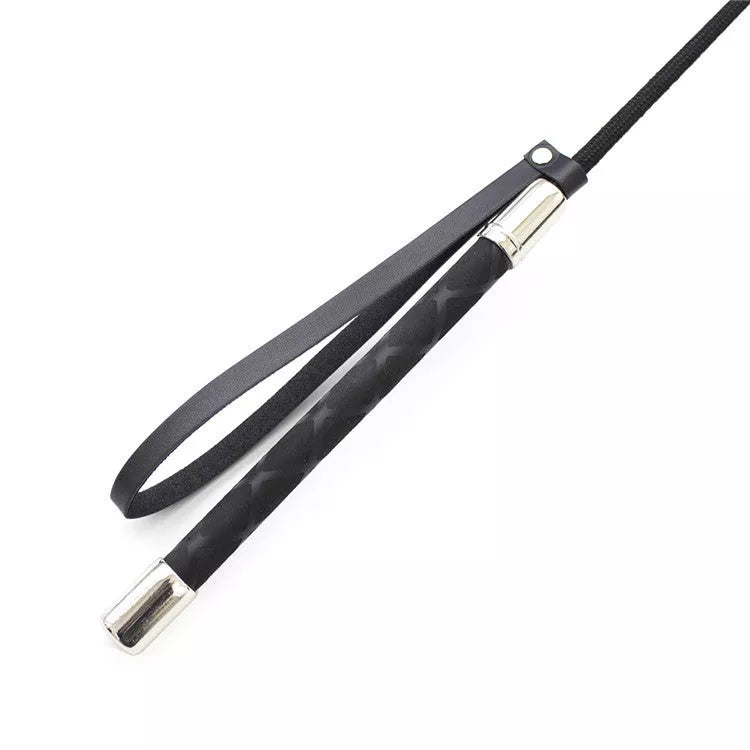Black PU leather riding whip with non-slip handle and wrist strap, 70cm length