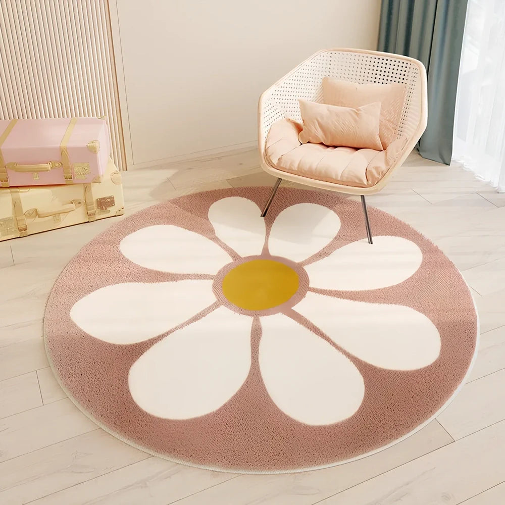 Circular children's polyester rug with animal character design, measuring 120cm diameter with soft pile surface