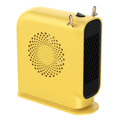 Compact desktop heater in white, green, or yellow with dual-speed control for small spaces