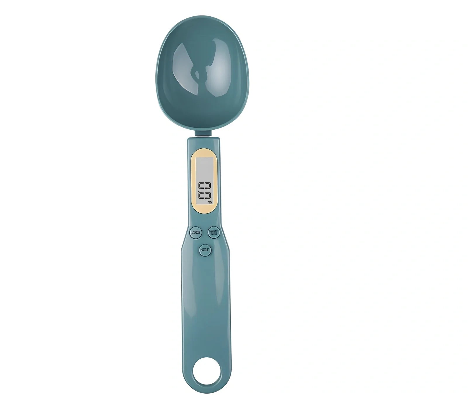 Digital kitchen spoon scale showing measurement display and USB charging port