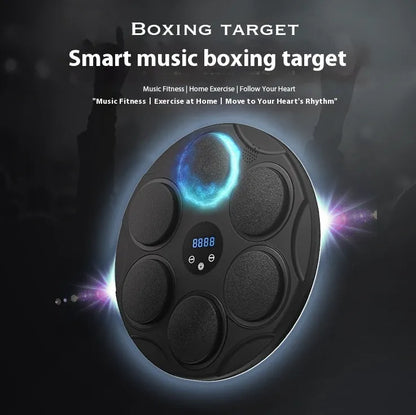 Black smart Bluetooth boxing target with coloured LED lights hanging on wall