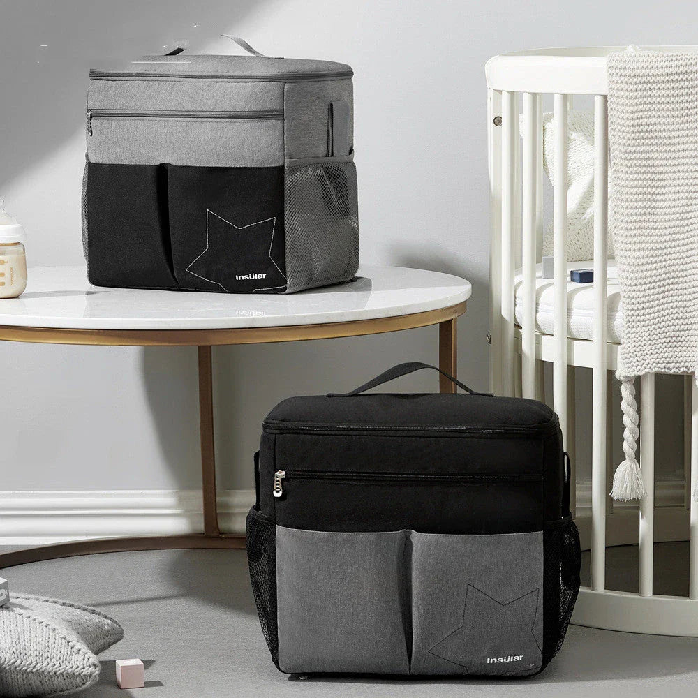 Versatile waterproof backpack with multiple compartments, padded back panel, and mesh side pocket for modern parents