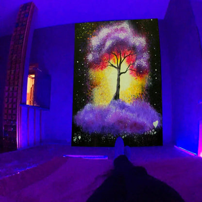 Fluorescent tapestry with psychedelic mushroom pattern glowing under UV light, measuring 150x130cm