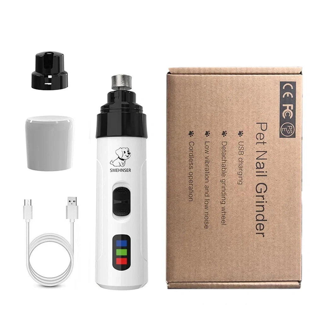 Electric dog nail trimmer device with LED display showing speed settings and dust collection system