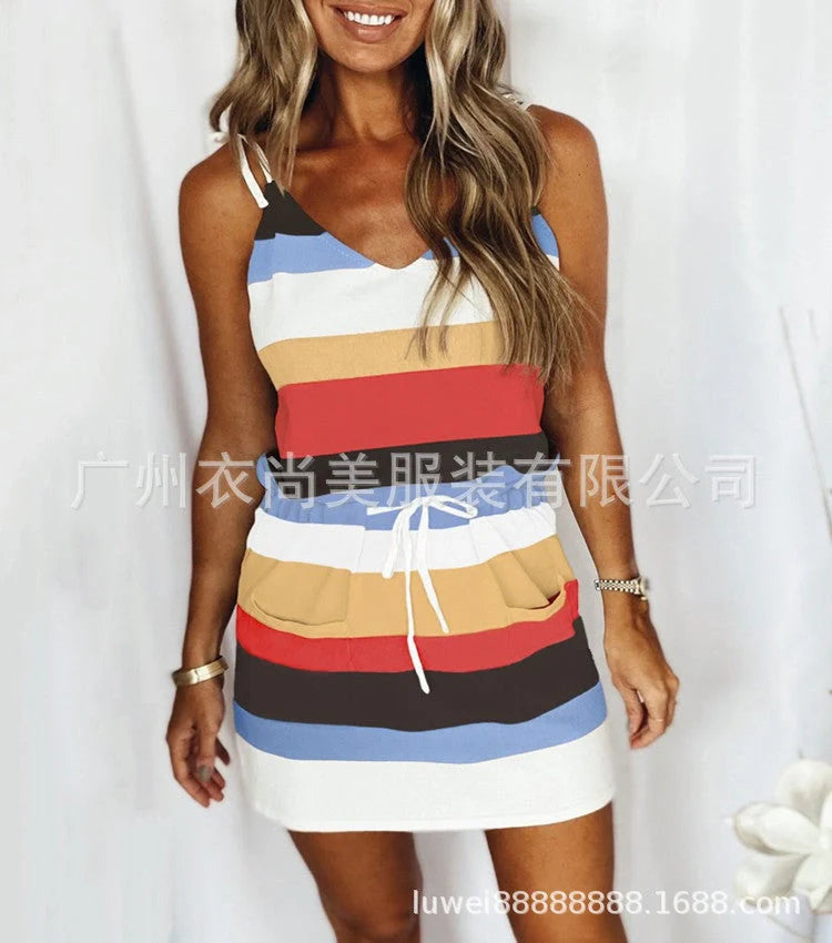 Women's cotton striped drawstring summer dress in various colors