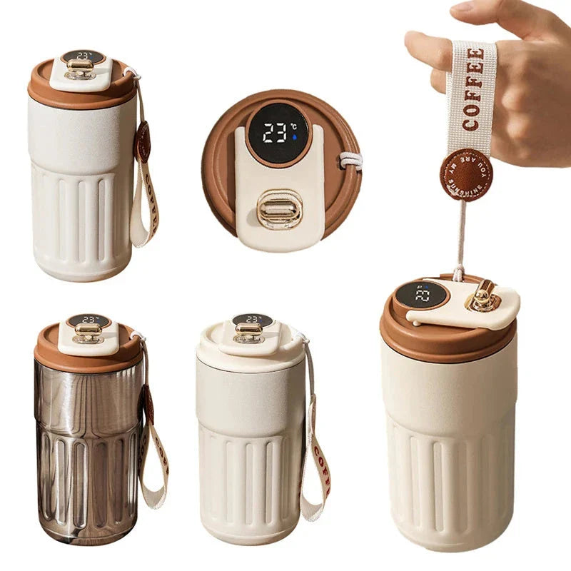 Portable digital stainless steel thermal bottle with temperature display, insulated for hot and cold drinks, designed for on-the-go use