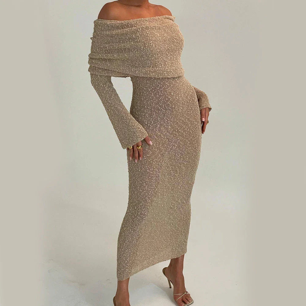 One-shoulder knit maxi dress in various colors for beach vacations and summer fashion