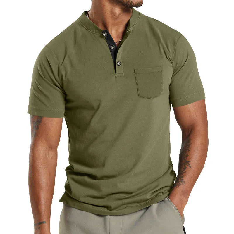 A man wearing a plus size solid colour short sleeve polyester shirt with a button chest pocket.