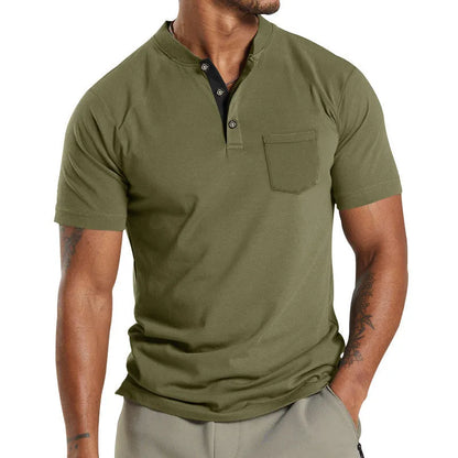A man wearing a plus size solid colour short sleeve polyester shirt with a button chest pocket.