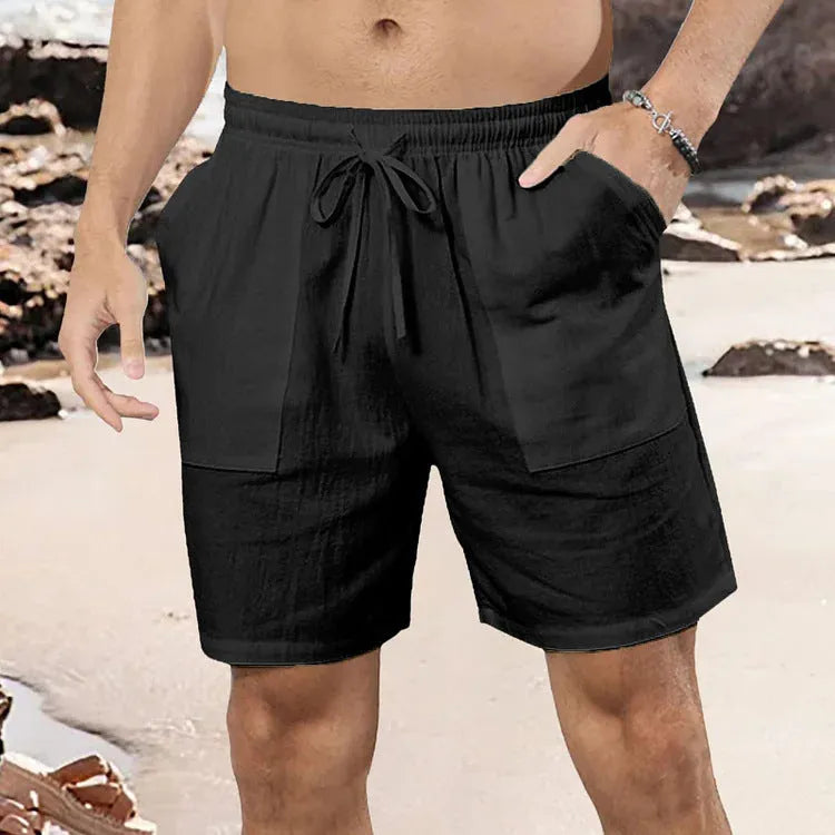 Men's straight leg linen shorts in light blue on a plain background