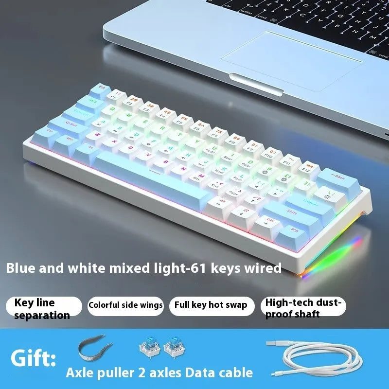 Small white 61-key mechanical keyboard with hot-swappable sockets and a black USB cable.