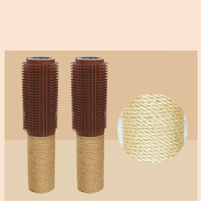 A tall, brown sisal scratching post for cats on a wooden floor next to a grey sofa.