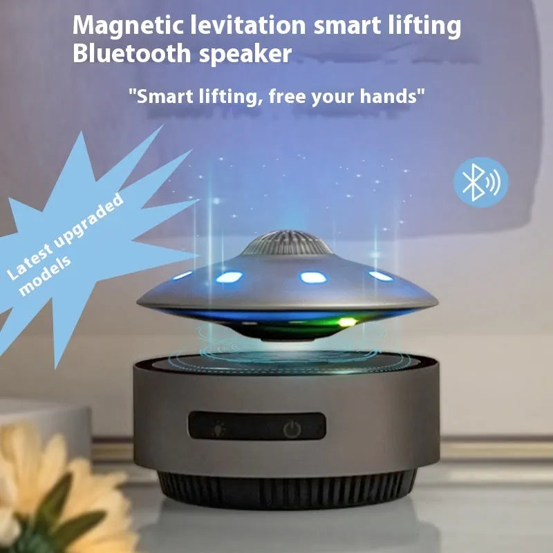 Automatic lifting magnetic levitation Bluetooth speaker in automatic lifting audio colour, showing floating rotating unit.