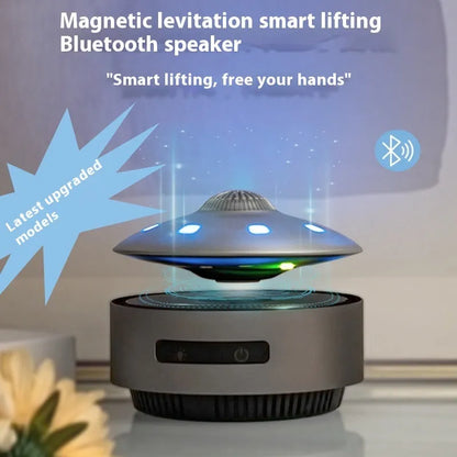 Automatic lifting magnetic levitation Bluetooth speaker in automatic lifting audio colour, showing floating rotating unit.