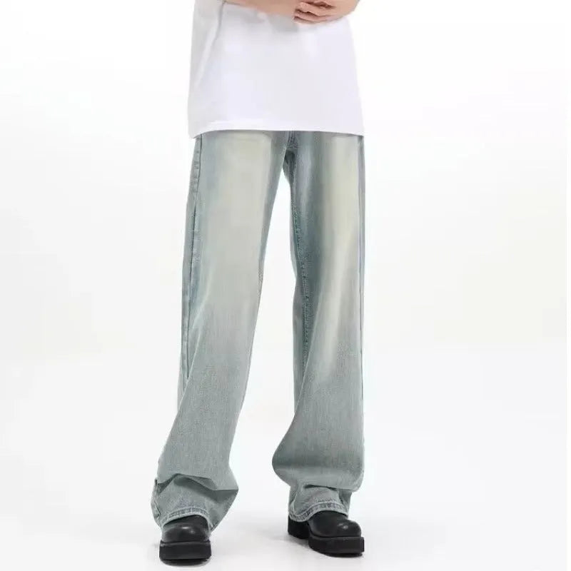 Blue retro loose casual trousers made from rabbit fur with high elasticity, showing loose fit and distinctive texture